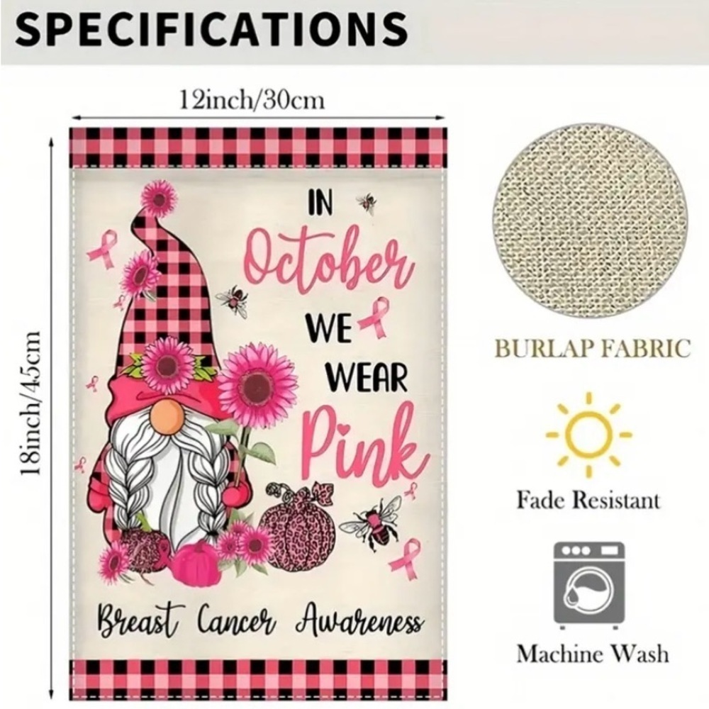 Breast Cancer Awareness Cute Gnome Garden Flag - Picture 6 of 6